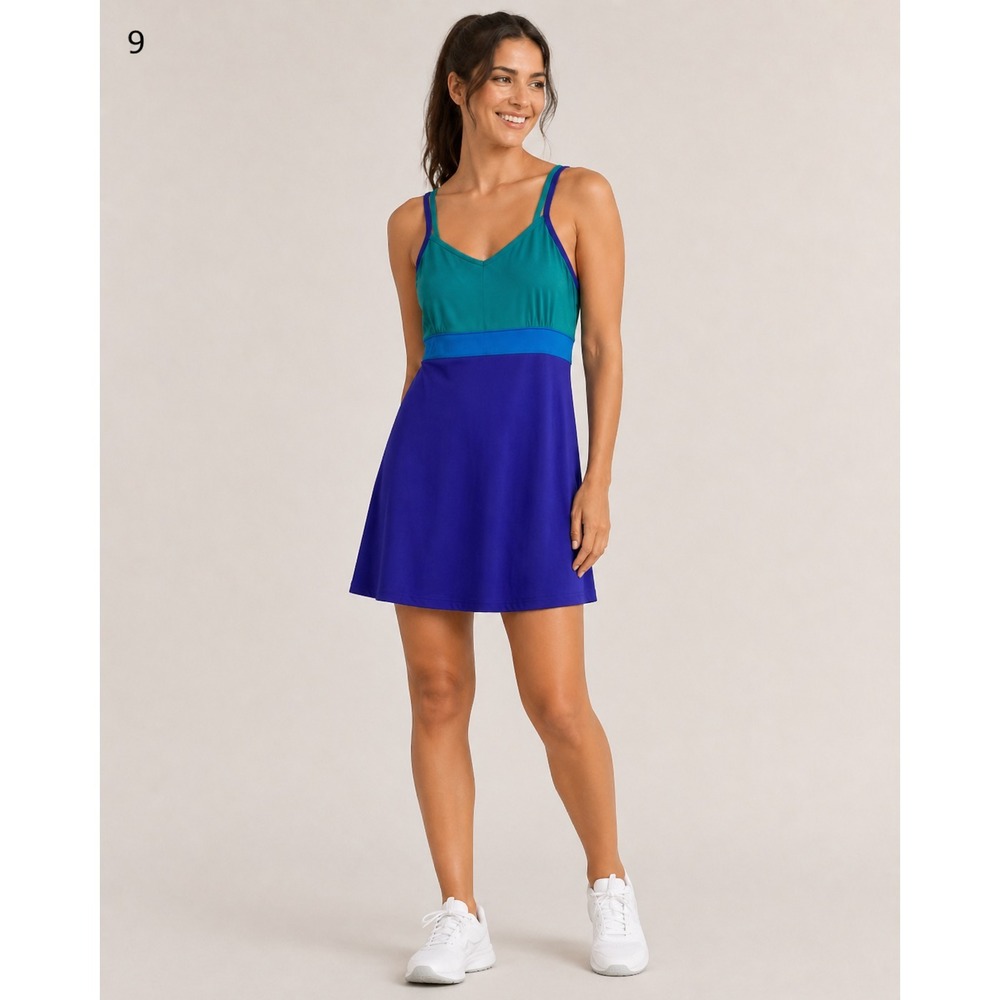 Title Nine Tennis Dress Womens Medium Blue Green Colorblock Nylon Zip Pocket